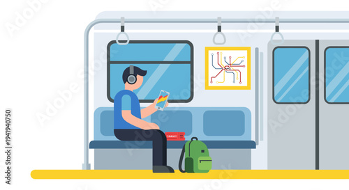 Commuter in subway interior using smartphone with map art in minimalist style