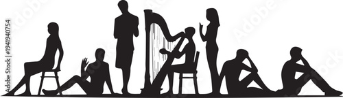 Silhouettes of people playing musical instruments and sitting on the ground harp guitar