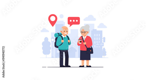 Elderly couple traveling: urban adventure in modern flat design