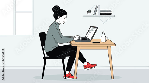 Modern vector illustration of a young woman working on a laptop at a desk in a home office,