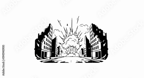 A dramatic explosion erupts on a city street between buildings