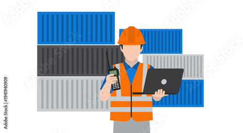 Construction worker with safety gear and technology in a modern shipping yard