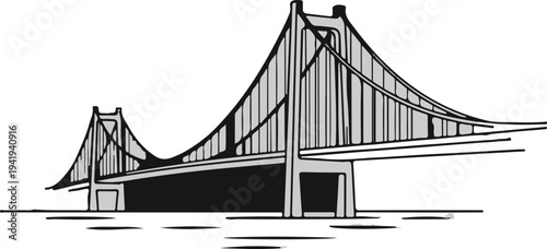 A dramatic, high-angle line art illustration of a suspension bridge over water