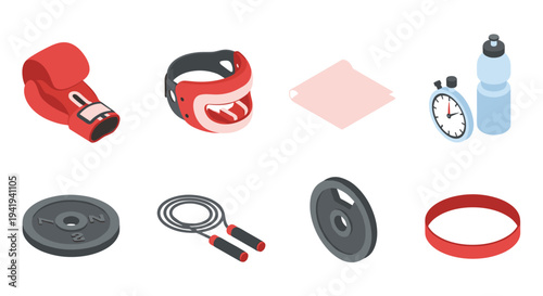 Isometric boxing equipment set: gloves, protective gear, and training essentials