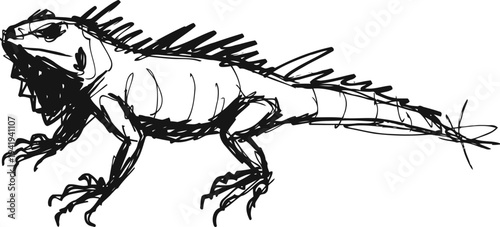 Sketch drawing of a lizard with textured body and spiky back in black ink on white background