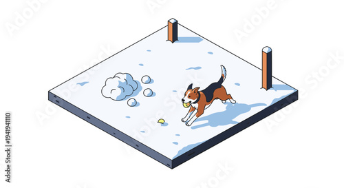 Isometric dog playing fetch in a snowy yard with fence and ball
