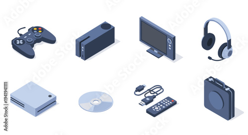 Retro gaming essentials isometric set featuring console, controller, and accessories