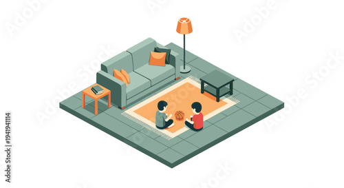 Cozy living room with kids playing basketball in isometric style