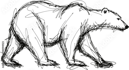 Sketch of walking polar bear with rough dynamic lines, wild animal illustration in black and white