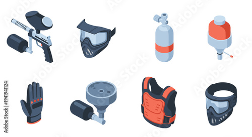 Isometric paintball gear set featuring mask, marker, gas tank, and gloves