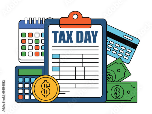 Tax Day clipboard with calculator, money, and credit card signifies annual financial document submission.