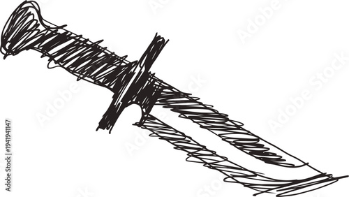 Hand drawn knife illustration black ink sketch of a tactical combat blade with serrated edge and textured handle