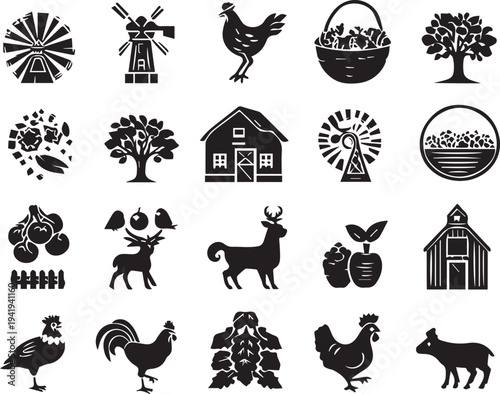 Farming animals agriculture farming logo trees forest silhouette set isolated on white background 