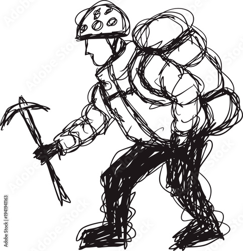 Mountain climber with helmet and ice axe ascending steep terrain, carrying large hiking backpack