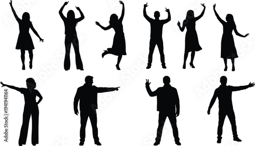 Human silhouette collection with male and female figures, dancing, celebration, expressive gestures, standing poses, body language, lifestyle, psychology, animation, movement, art illustration
