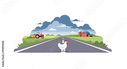 Whimsical farm scene with chicken crossing road under blue sky