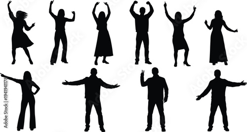 Human silhouette collection with male and female figures, expressive gestures, standing poses, body language, posture, lifestyle, psychology, animation, movement, art illustration
