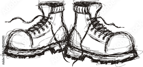 rough sketch of classic boots with laces loosely tied, vintage footwear outline drawing