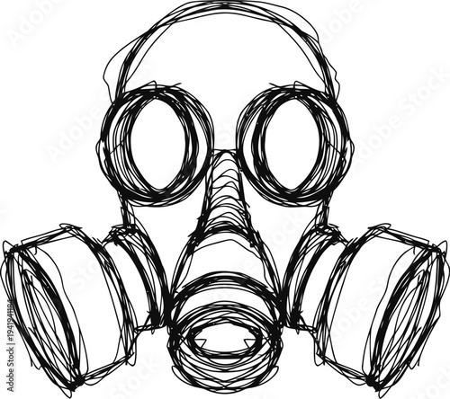 Gas mask sketch hand drawn protective respiratory equipment with filters and goggles safety and defense concept illustration