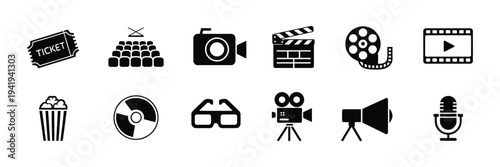 Cinema Icons Set Vector Illustration Featuring Film Reel, Movie Camera, Television, Video Player, Clapperboard, and Multimedia Entertainment Symbols for Film Industry, Media Production