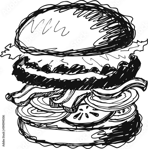 Hand drawn burger sketch with lettuce, tomato, onion, bacon, and beef patty in bun illustration