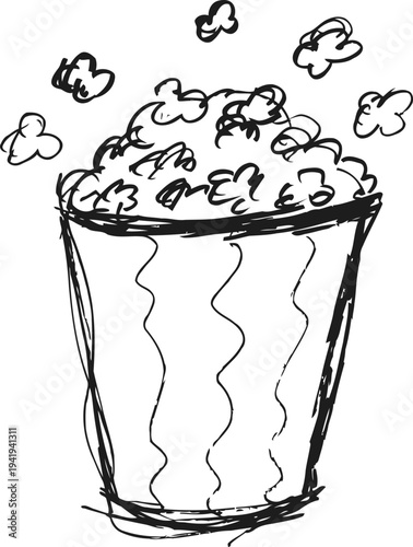 Hand drawn sketch of popcorn overflowing from a container with popped kernels flying around