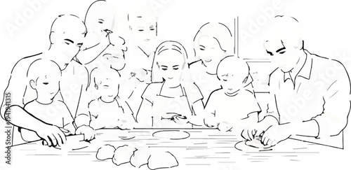 A family gathers around a table, children and adults engaged in a shared activity