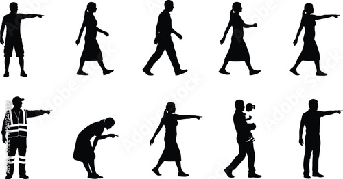 Human silhouettes collection showing walking, pointing, bending, carrying child, safety vest worker, diverse postures, everyday activities, lifestyle gestures, community interaction