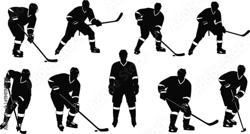 Ice hockey player silhouettes in dynamic skating, shooting, defending, and goalie positions, sports vector illustration for athletic competition design
