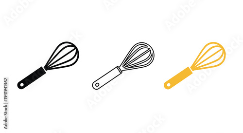 Three kitchen whisks in varying colors a distinct silhouette