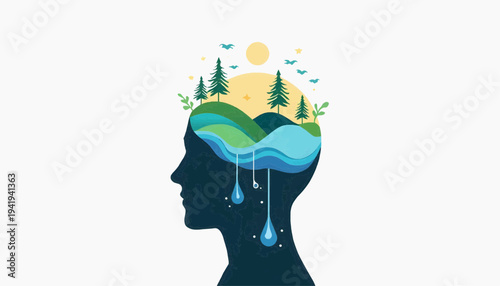 
Conceptual vector illustration of mental health balance, human head silhouette with abstract nature elements growing inside