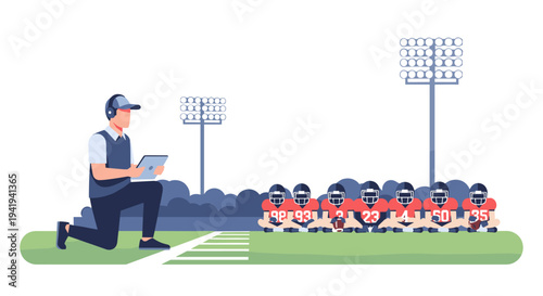 Football coach planning strategy with team on sideline in modern flat design