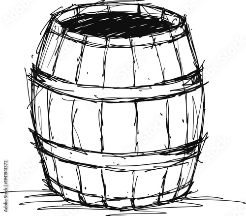 Rustic wooden barrel sketch vintage hand drawn oak cask with metal hoops used for storage or aging liquids