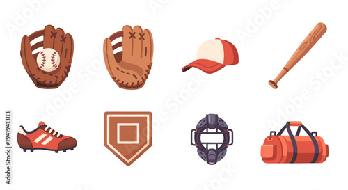 Baseball equipment collection: gloves, bat, cap, and gear icon set