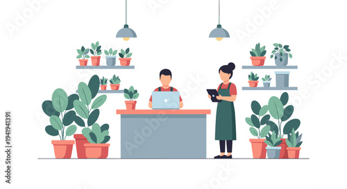 Plant shop interior with staff in uniform among lush greenery