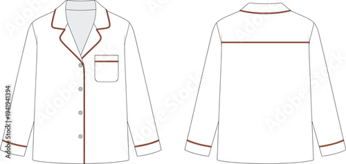 Pajama Top Vector Template, White Sleepwear Shirt Illustration, Long Sleeve Nightwear Technical Flat, Apparel Design