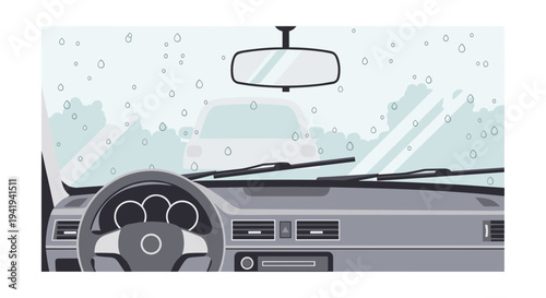 Raindrops on car windshield viewed from interior perspective on a rainy day