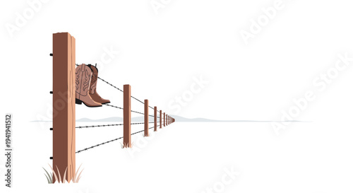 Cowboy boots on barbed wire fence in minimalist countryside landscape