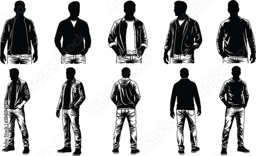 Male fashion silhouettes in casual outfits, stylish clothing poses, modern apparel illustration, trendy wardrobe design, vector art representation