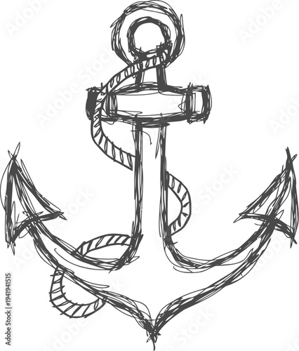 Hand drawn rough sketch of a classic ship anchor with coiled rope, nautical maritime concept design