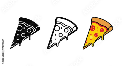 Three variations of a pepperoni pizza slice including a dark silhouette