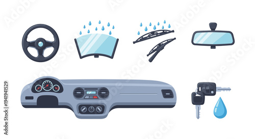 Flat car interior elements with steering wheel, dashboard, and keys
