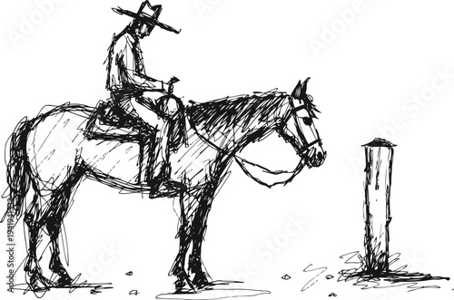 Cowboy on horseback in western hat observing a post in rustic illustration