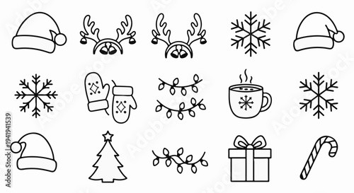 A festive assortment of hand-drawn winter holiday icons on a white background