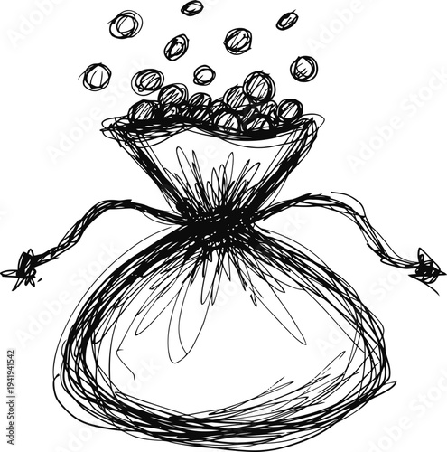 Hand drawn sketch of a pouch bag spilling coins, vintage ink money illustration