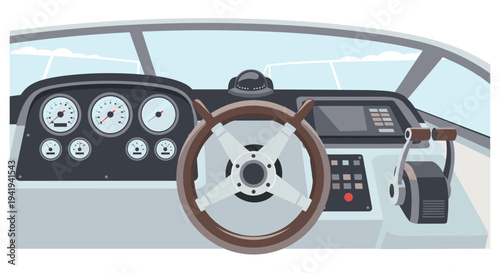 Sailboat control panel with steering wheel and gauges in flat style