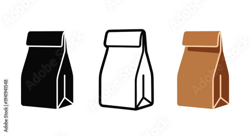 Three paper lunch bags in varying styles a dark silhouette