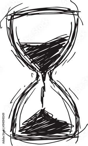 Hand drawn hourglass sketch with flowing sand symbolizing time, deadline, and passing moments