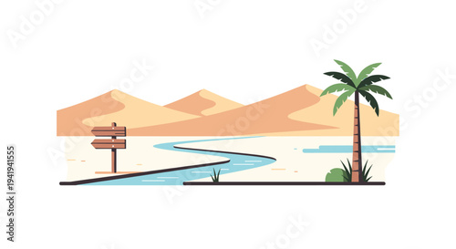 Desert oasis with palm tree and river in minimalist flat art