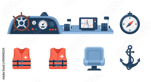 Nautical equipment collection: helm, life jacket, anchor, compass, and marine control panel